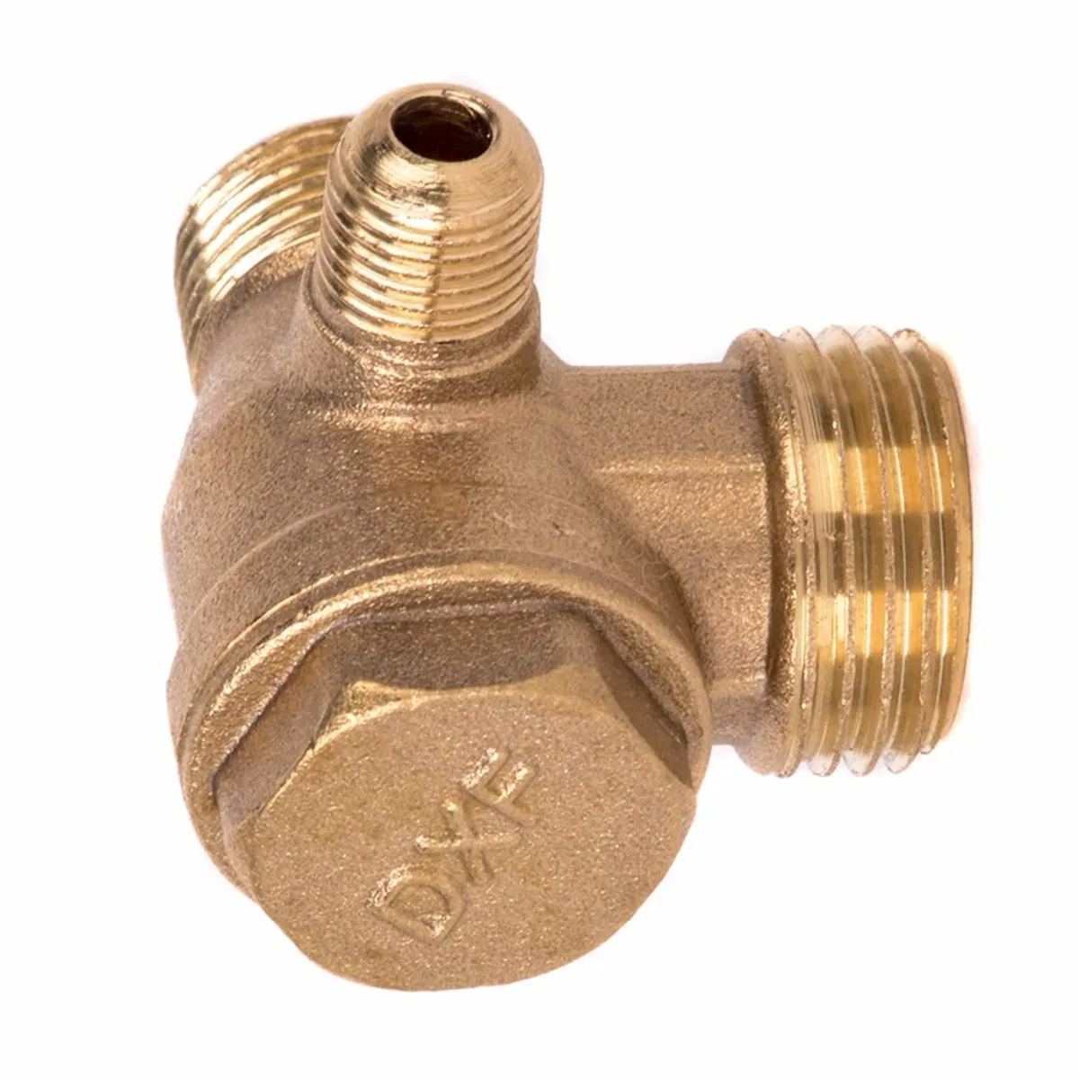 Brass pneumatic check valve with three threaded ports and a hex cap on a plain background