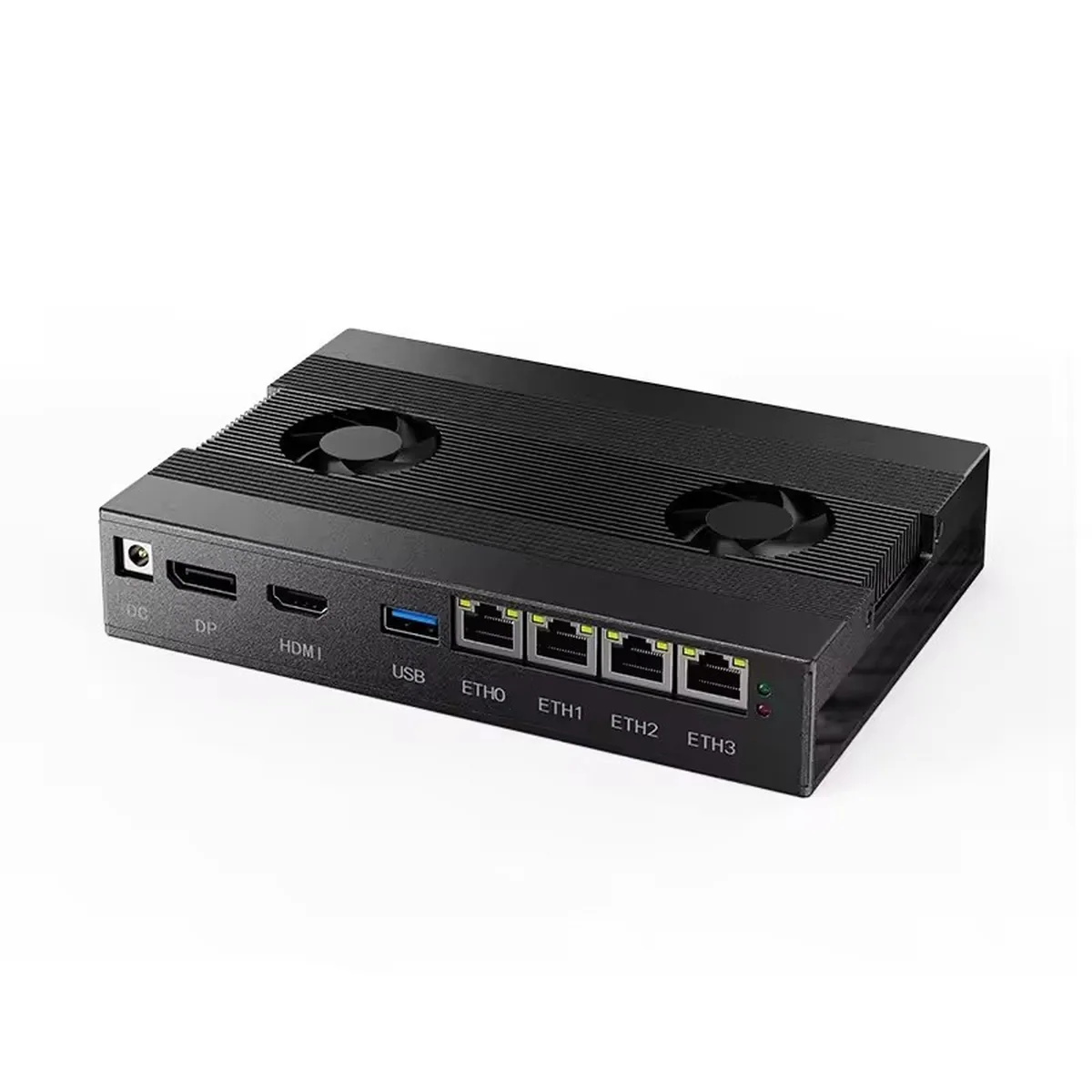 Firewall Appliance Mini PC displaying Ethernet ports, HDMI, DP, and top dual cooling fans.