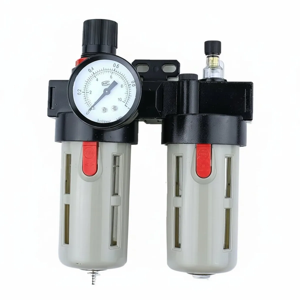 BFC Series Air Compressor Filter Regulator Lubricator Unit, a combination FRL preparation unit with 1/4, 3/8, and 1/2 inch ports for oil and water separation.