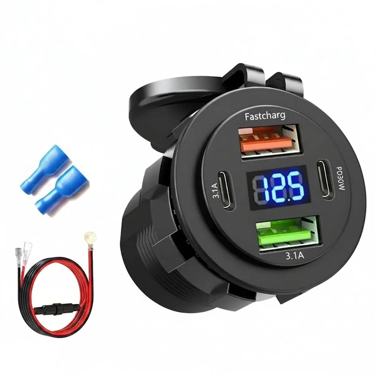 Car charger outlet with dual USB-C and USB-A ports, featuring a voltmeter.