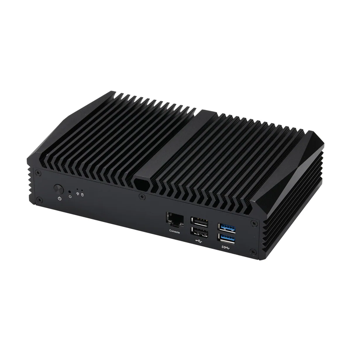 Firewall Appliance Mini PC showing top heatsink fins, power button, console port, and USB ports.