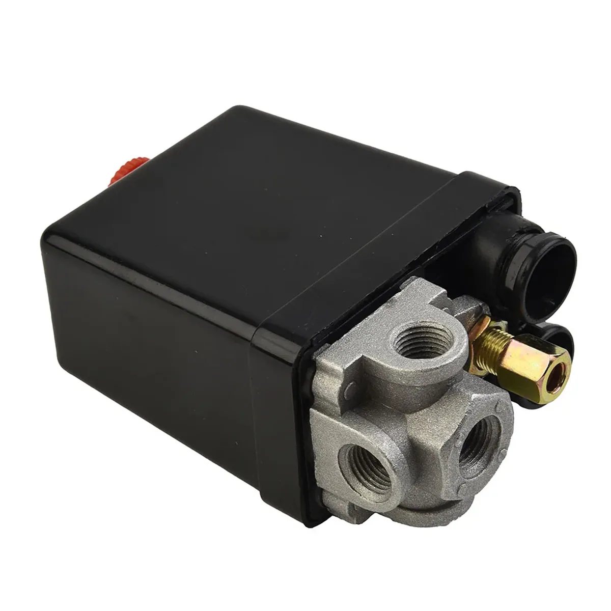 Automatic air compressor pressure switch set to 90-120 PSI with a 4-port manifold for industrial pneumatic tools.