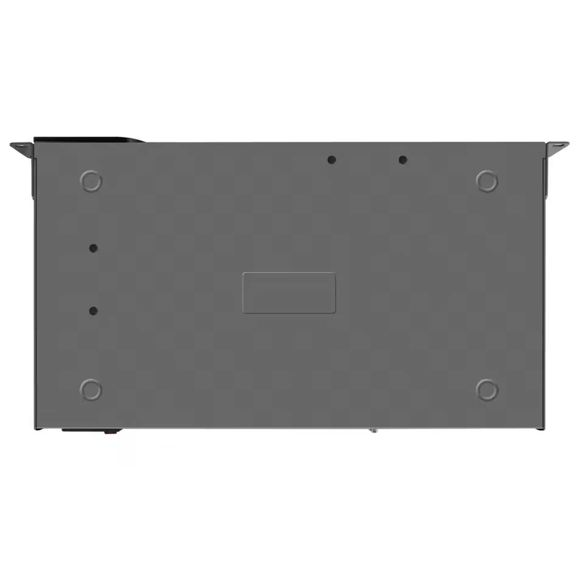 Bottom view of a 1U Firewall Appliance showing mounting holes, feet indentations, and rackmount ears.