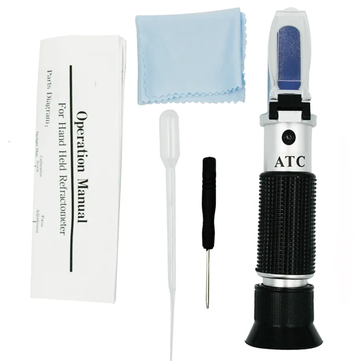 Handheld refractometer laid out with its manual, cleaning cloth, dropper and small screwdriver
