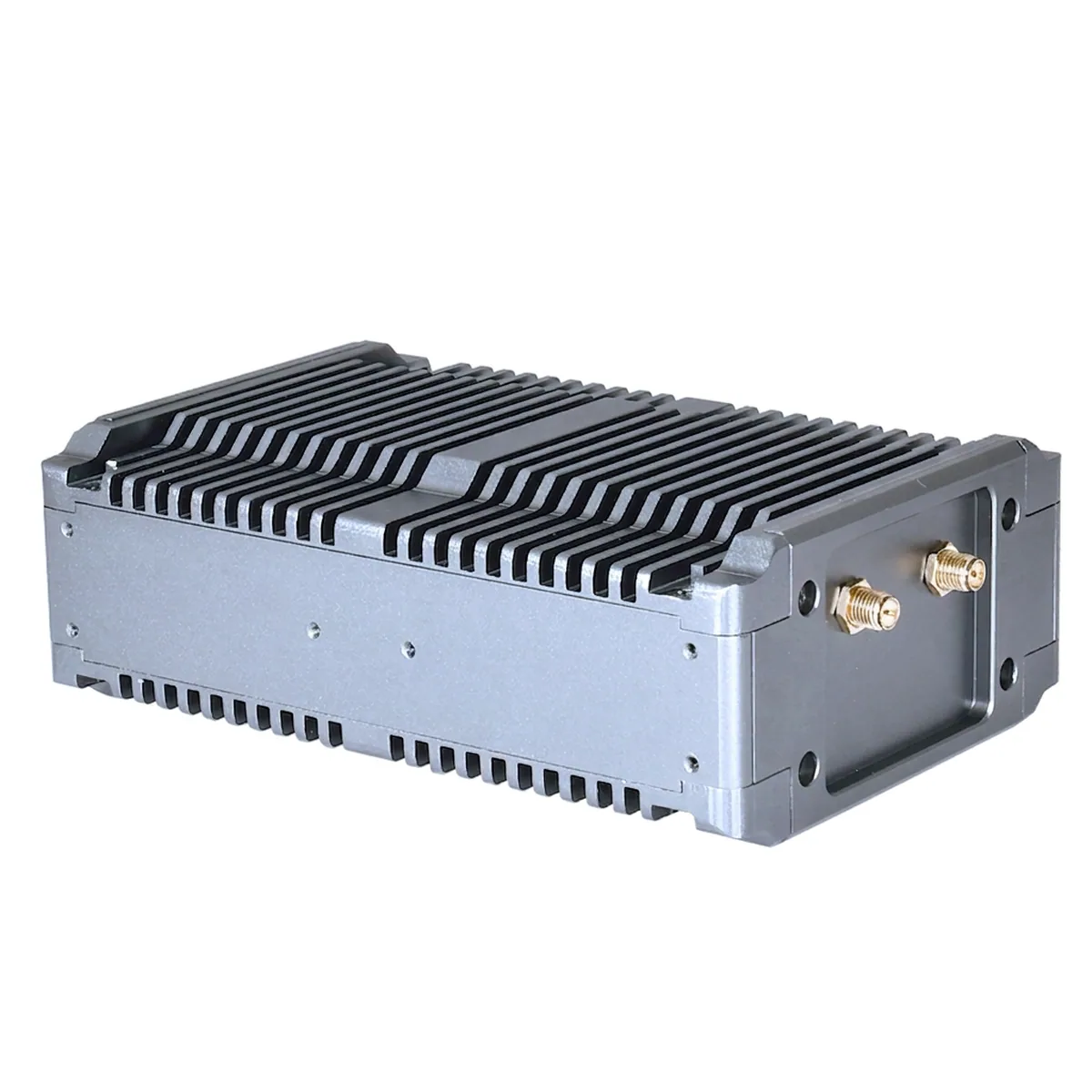 Fanless Industrial Mini PC showing side panel with two antenna ports and heatsink fins.