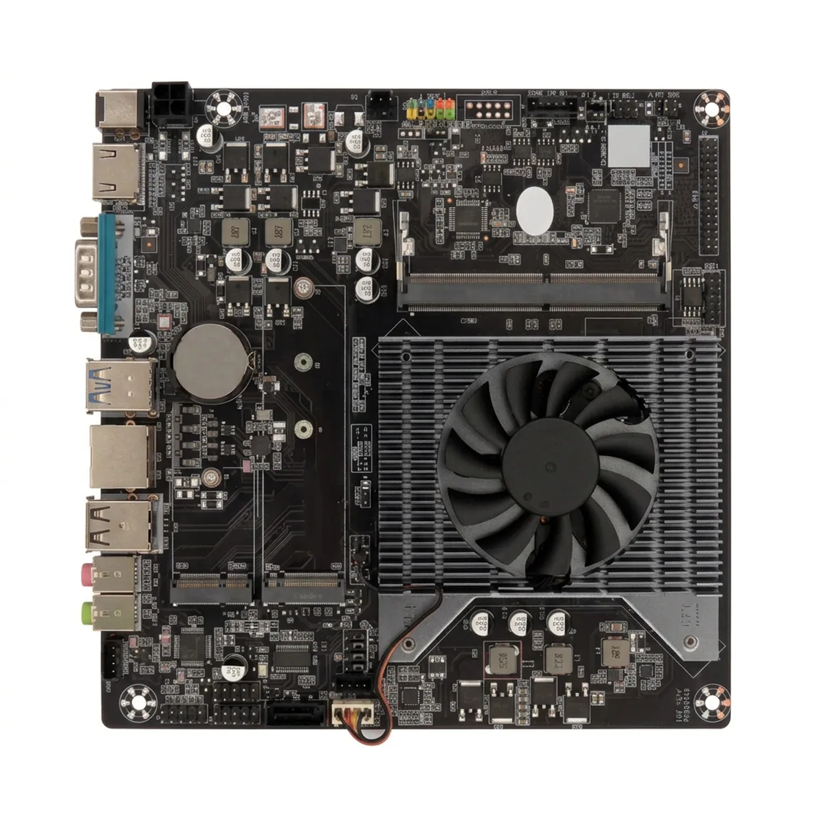Top view of Industrial Mini PC motherboard showing cooling fan, RAM slot, and external I/O ports.