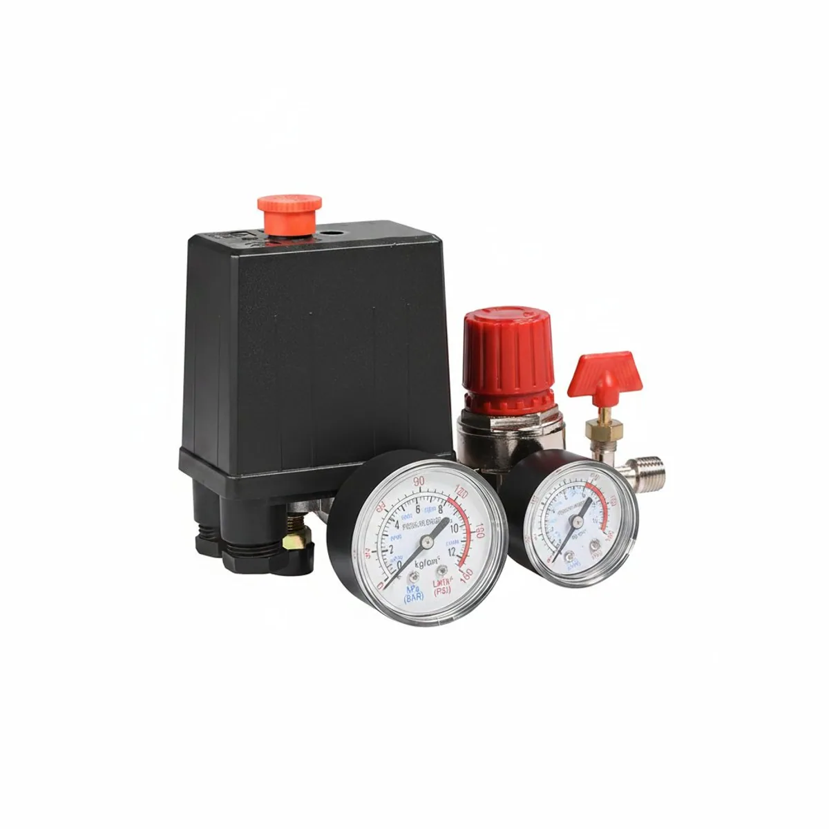 Air compressor pressure switch control valve regulator with dual gauges for precise pneumatic system pressure management.