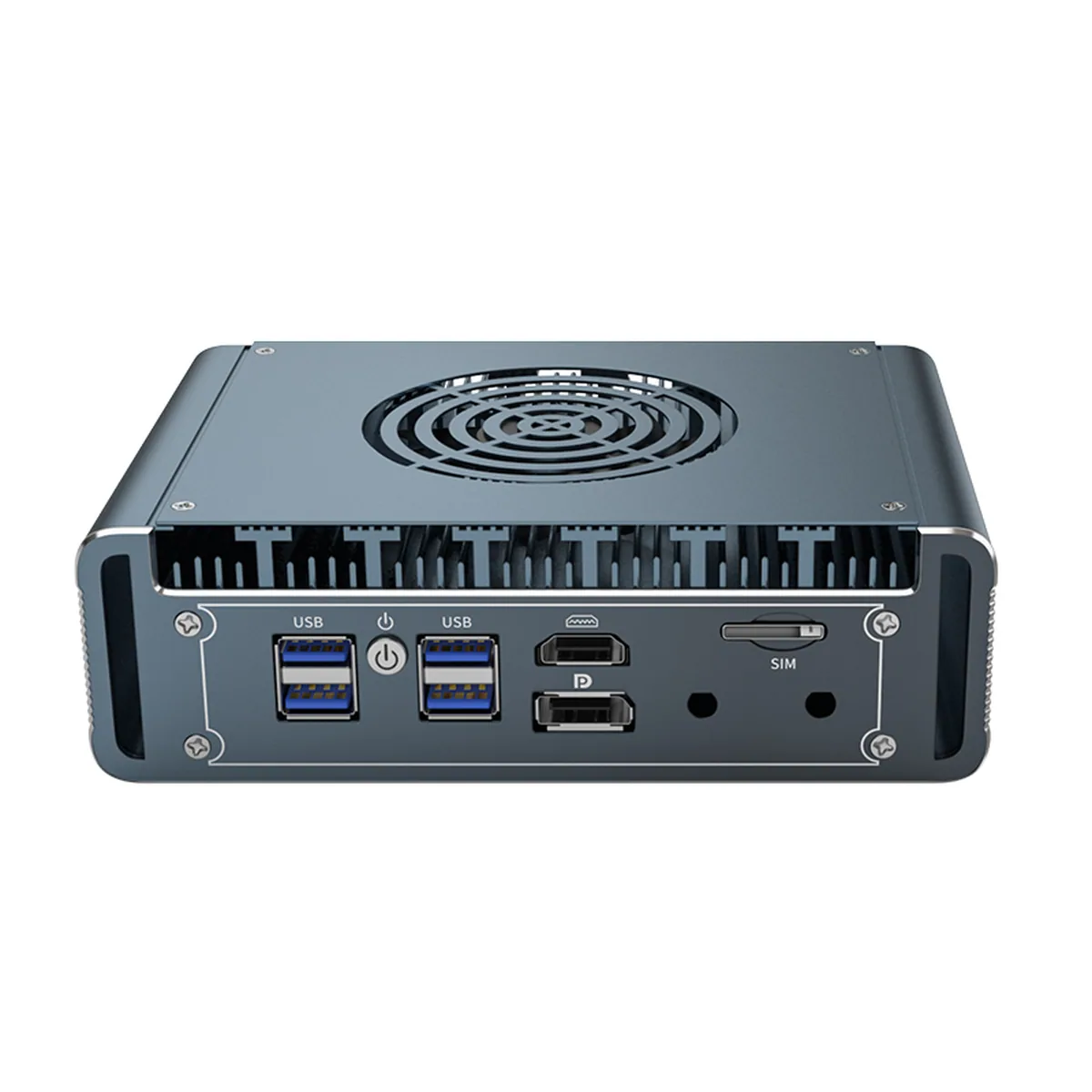 Front view of a Firewall Appliance Mini PC with USB, display ports, SIM slot, and a top cooling fan.
