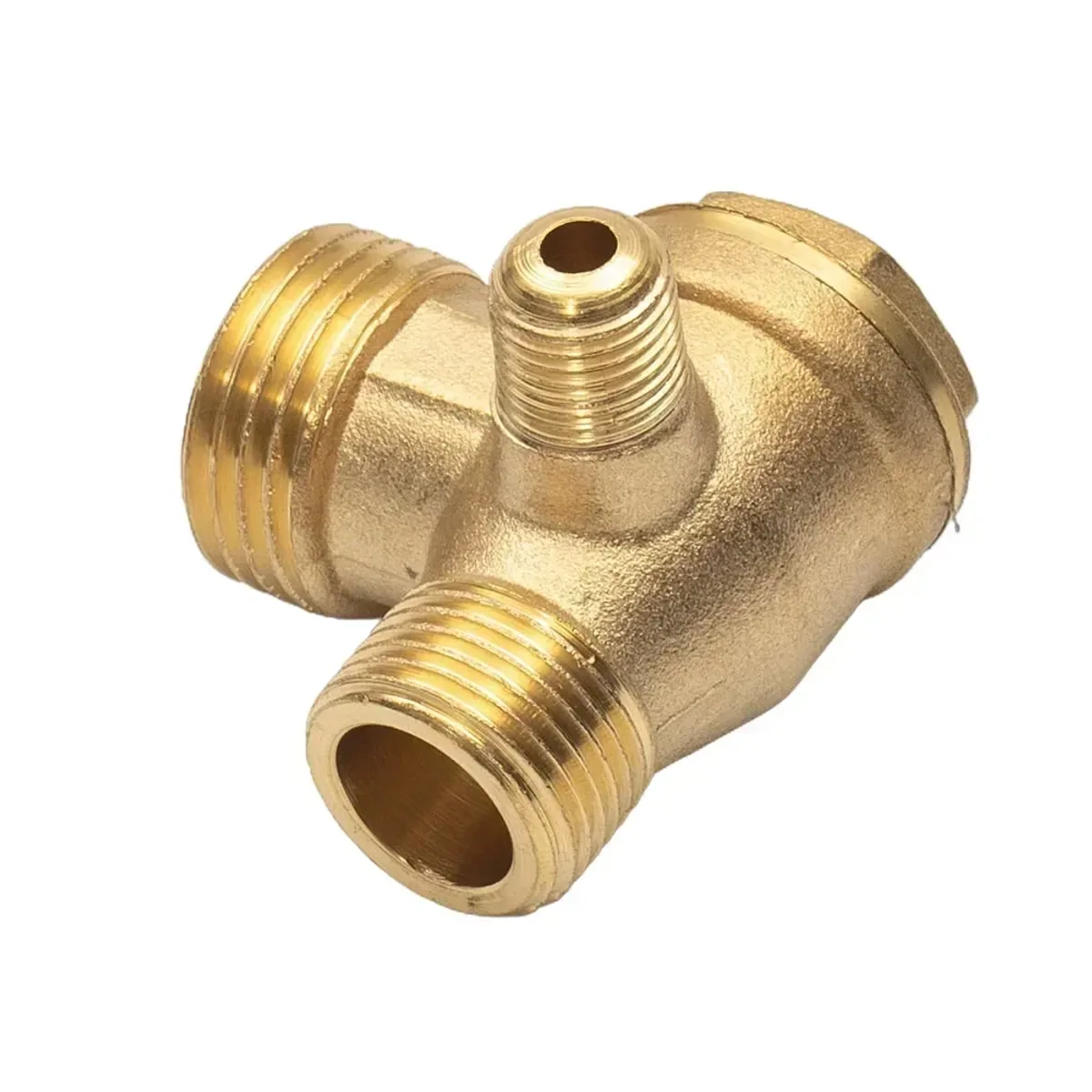 Gold-tone brass three-way check valve with threaded ports standing on a plain background