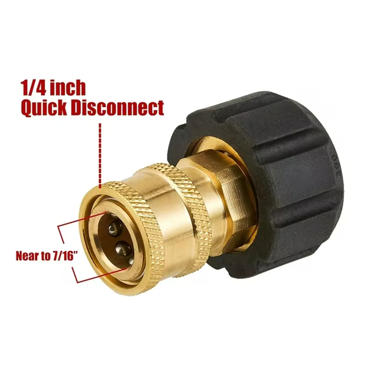 Brass quick disconnect pressure washer adapter with a black rubber nut on a plain background