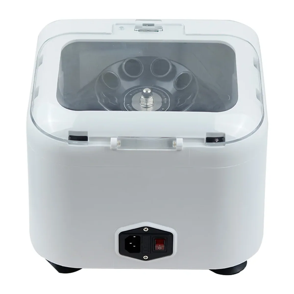 White benchtop centrifuge with a clear hinged lid over the rotor chamber