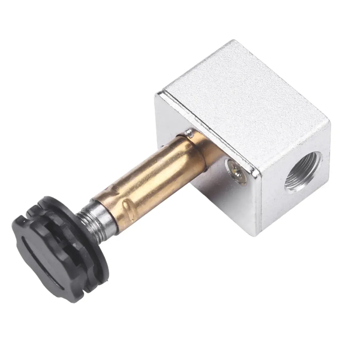Silver square valve body with brass plunger tube and black knob on a white background