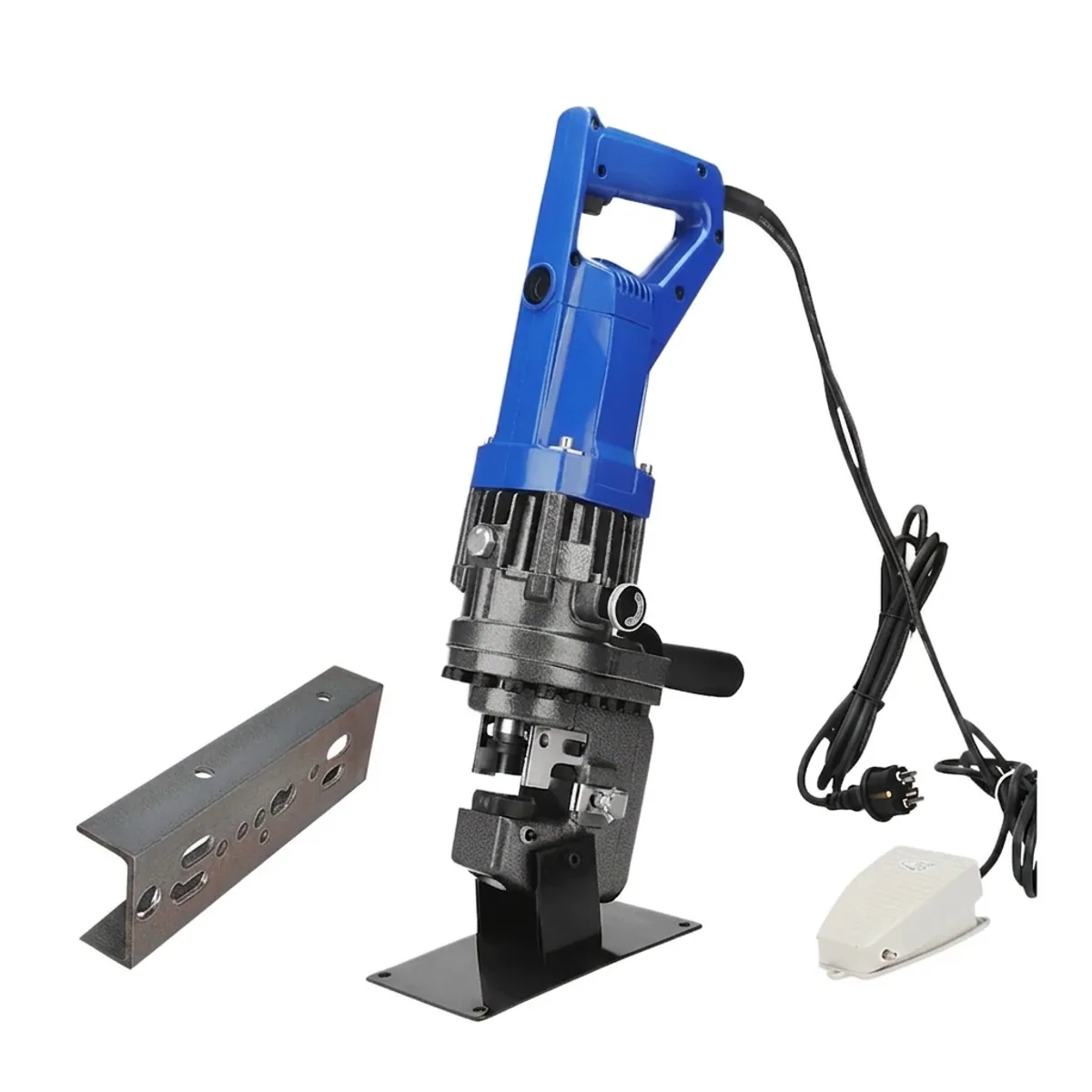 MHP-20 Portable Hydraulic Press Tool punching a clean hole in angle steel, showcasing its electric power and industrial durability.