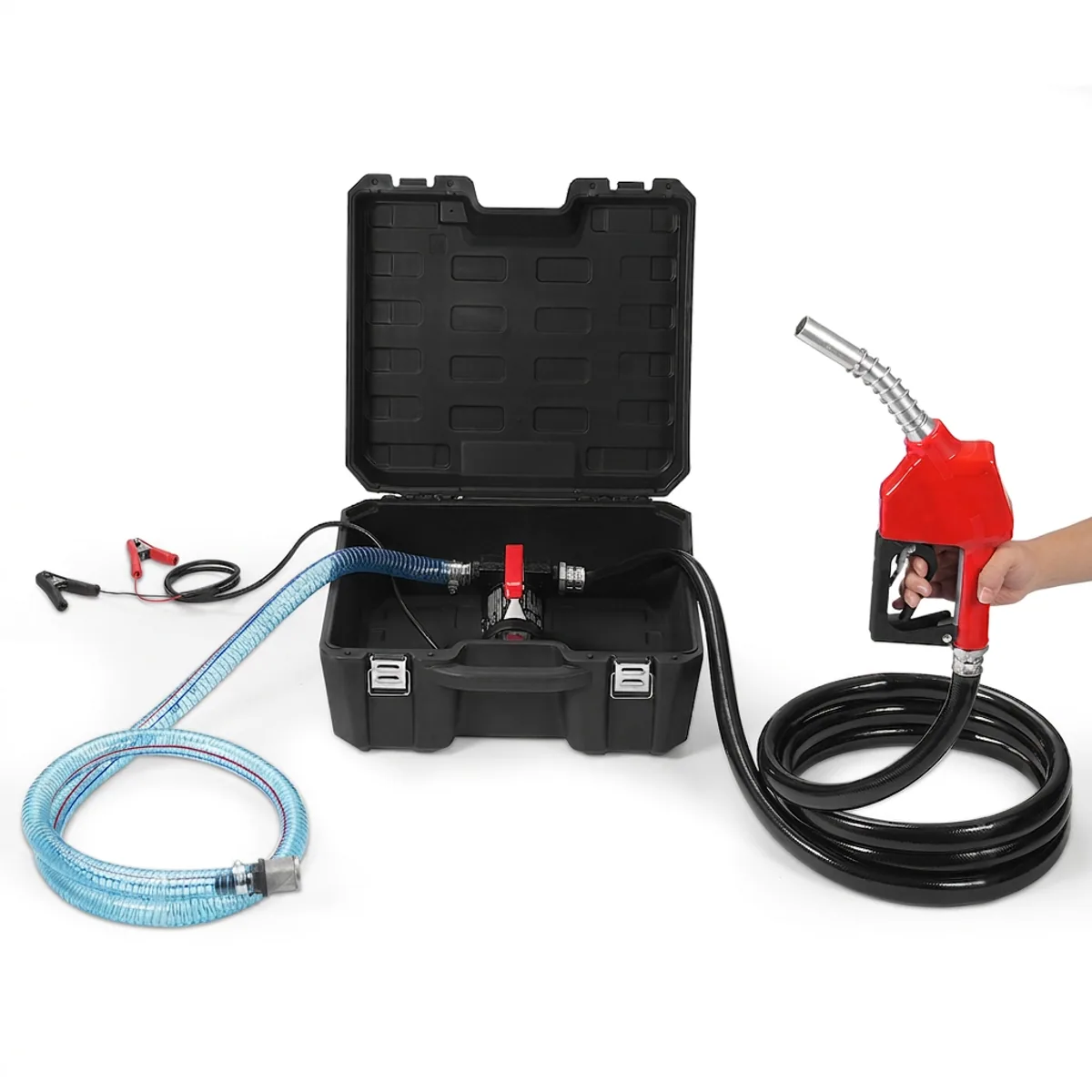 Diesel transfer pump kit in an open black toolbox with hoses, battery clips, and red fuel nozzle.