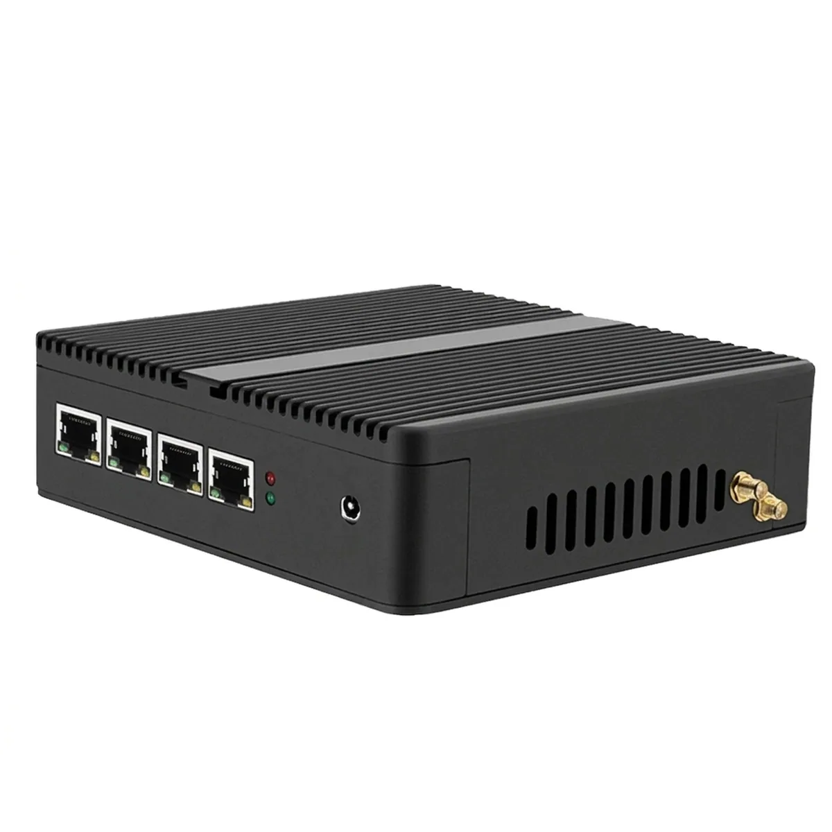 Firewall Appliance Mini PC showing four Ethernet ports, DC power input, and two antenna mounts.
