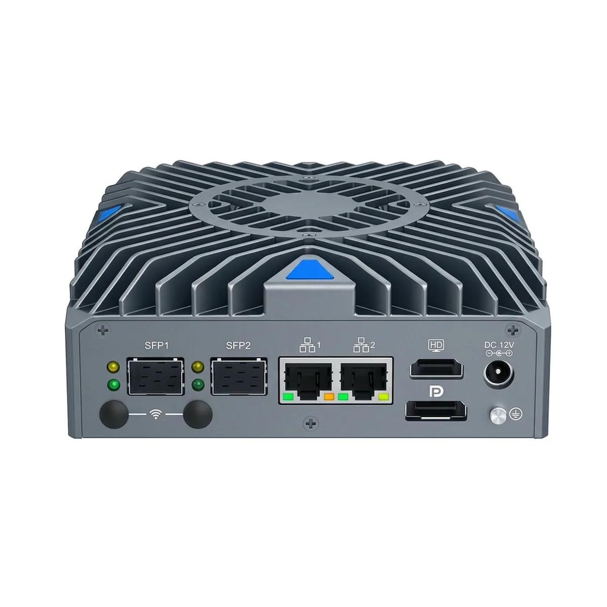 Rear panel of Appliance Mini PC featuring dual SFP, dual LAN, HDMI, DisplayPort, and DC power input.
