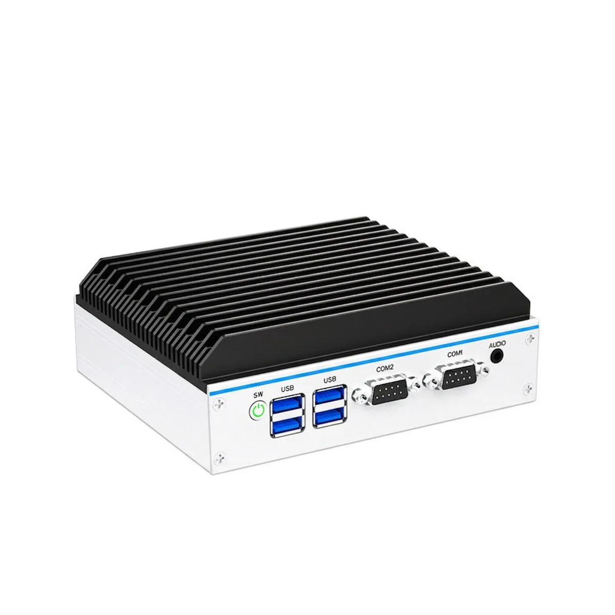 Industrial Mini PC showing front panel with power button, USB ports, serial COM ports, and audio jack.