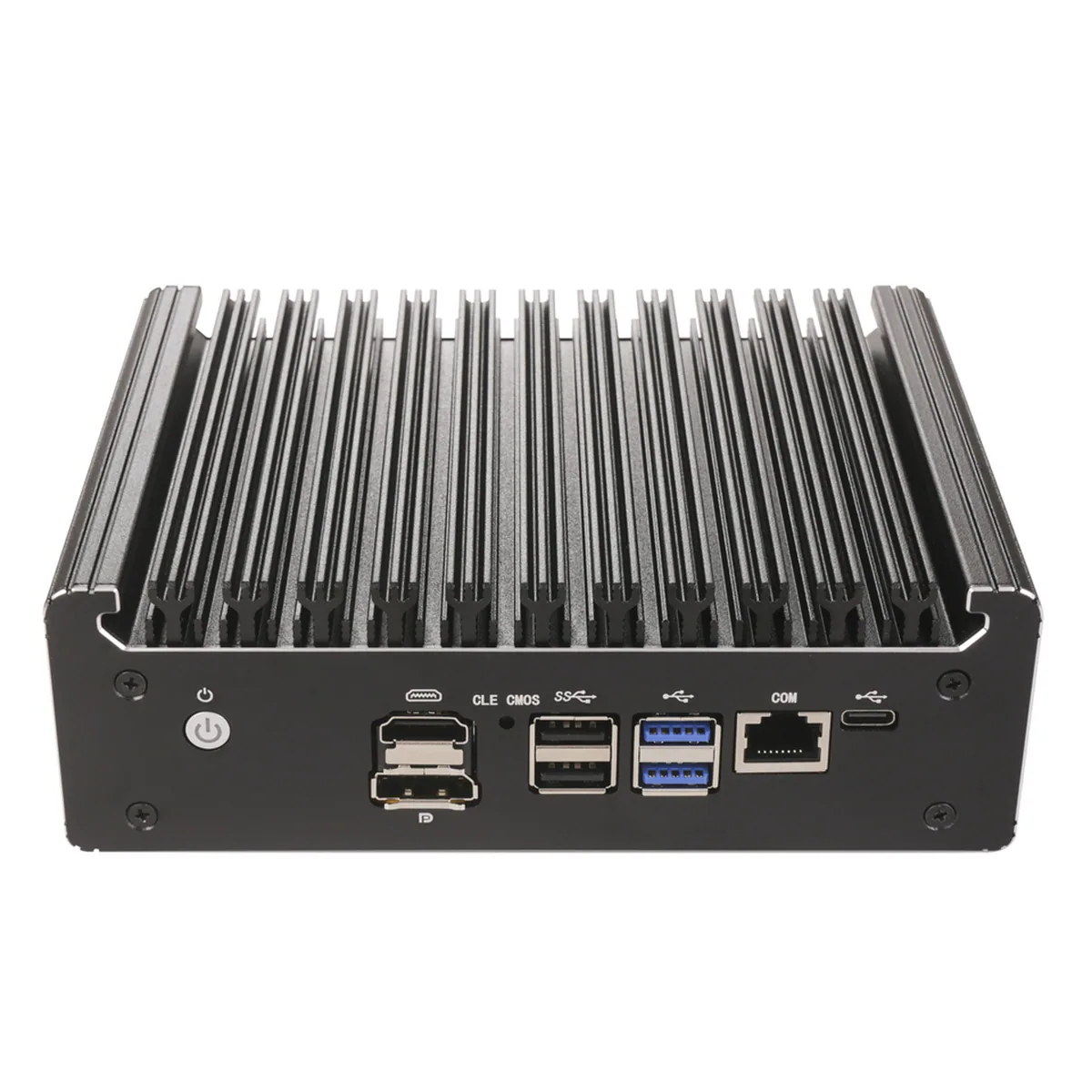 Front view of Firewall Appliance Mini PC showing power button, HDMI, DisplayPort, USB, and COM ports.