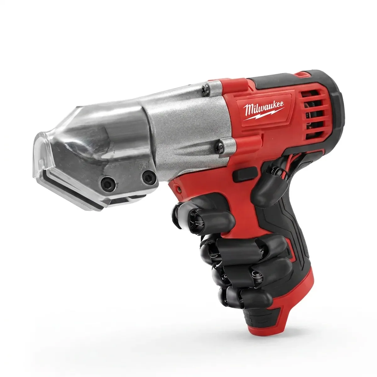 Milwaukee cordless metal shear with brushless motor, 400W power, variable speed control, and LED work light for cutting sheet metal.
