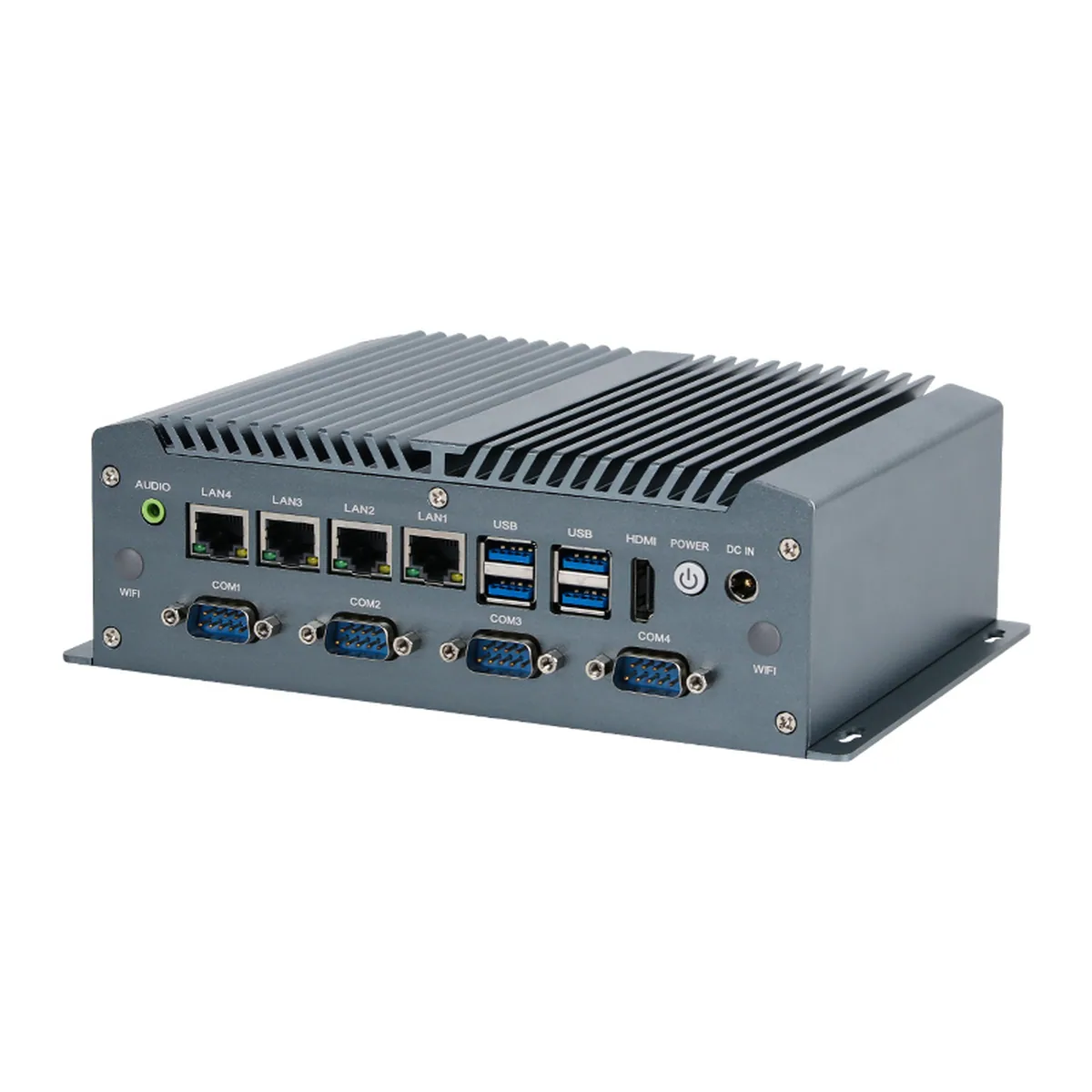 Industrial Mini PC displaying front interface with COM, LAN, USB, and HDMI ports.