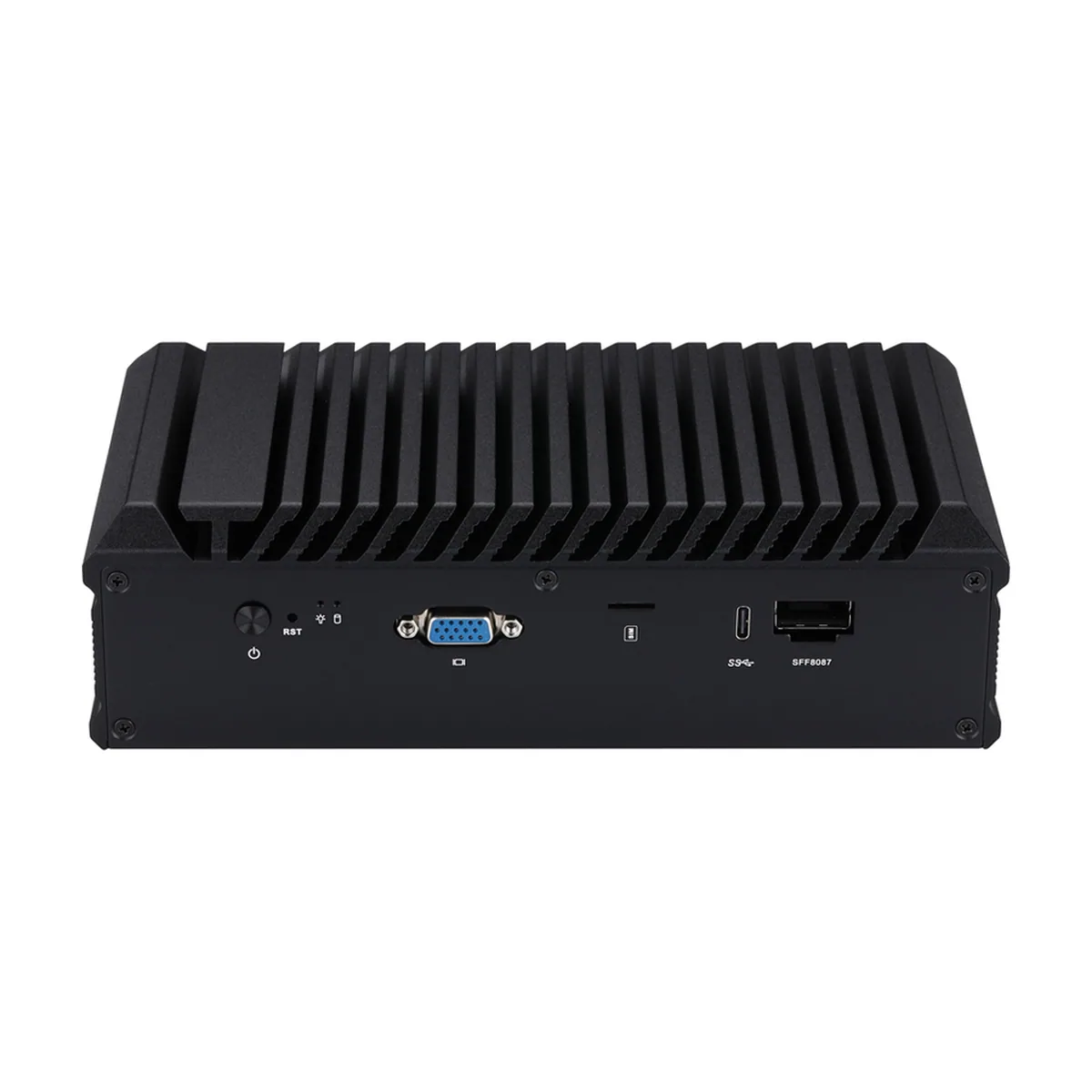 Firewall Appliance Mini PC showing side panel with VGA, SIM slot, USB-C, and SFF8087 port under heatsink fins.