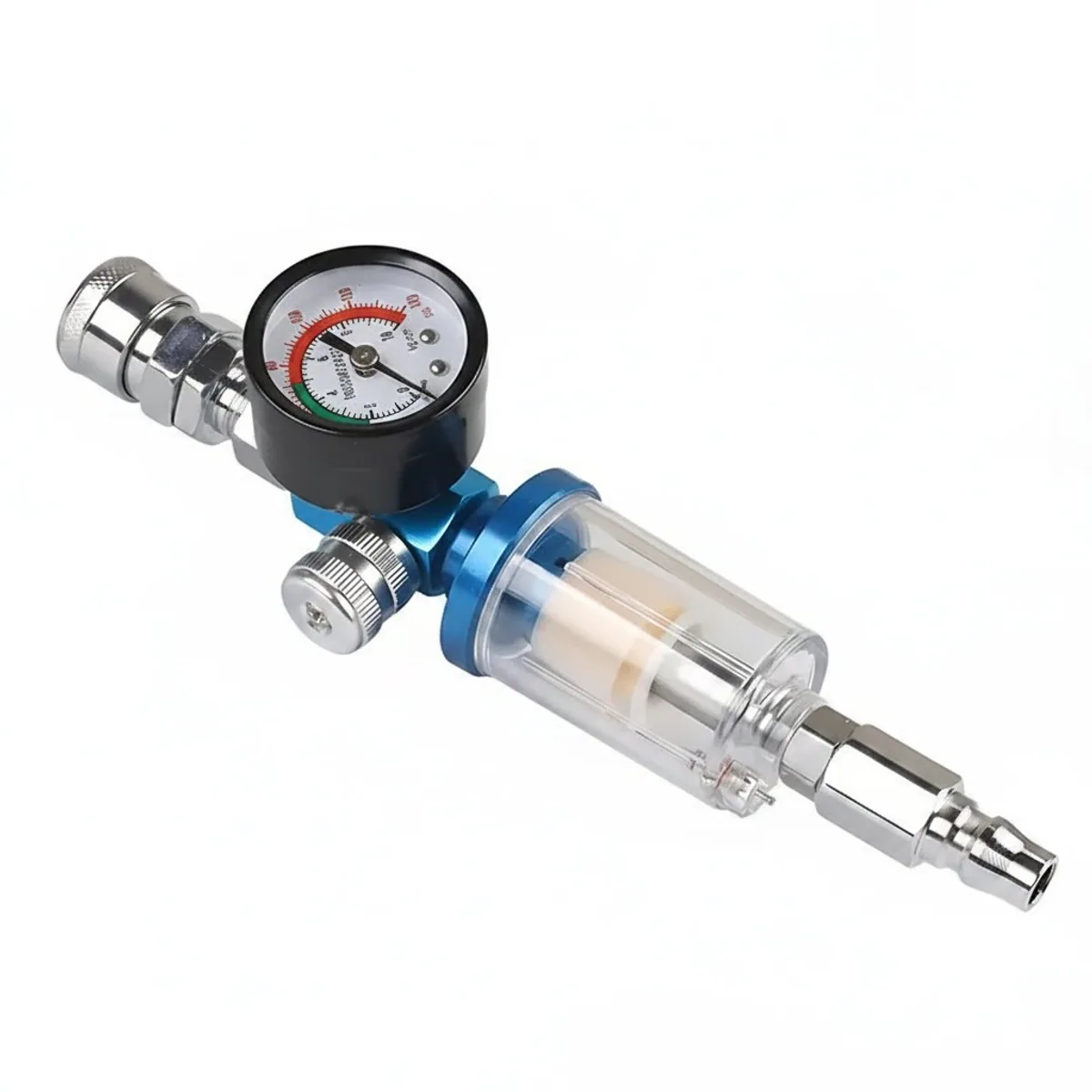 European style 1/4 inch water oil separator and air filter moisture trap for compressor spray gun tools, with clear bowl and pressure gauge.