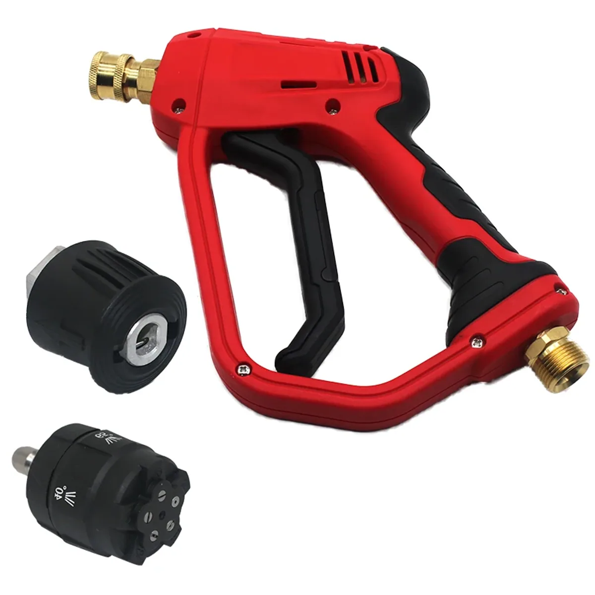 Red pressure washer trigger gun with black grip shown beside two nozzle attachments