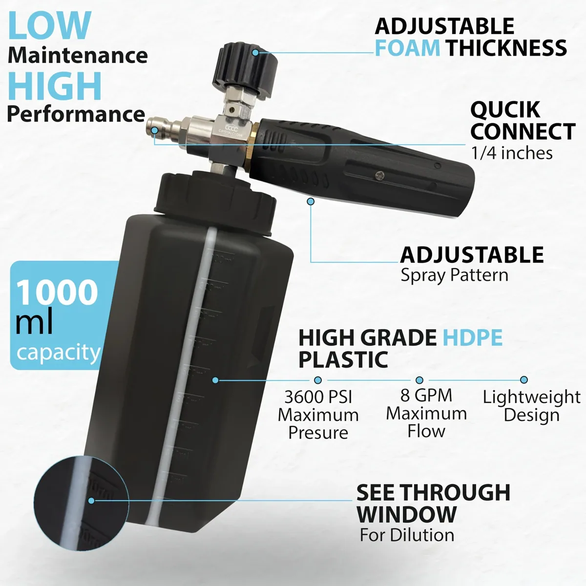 Pressure Washer Snow Foam Lance | 1000ml Bottle | 1/4" Quick Connect - Thumbnail 6