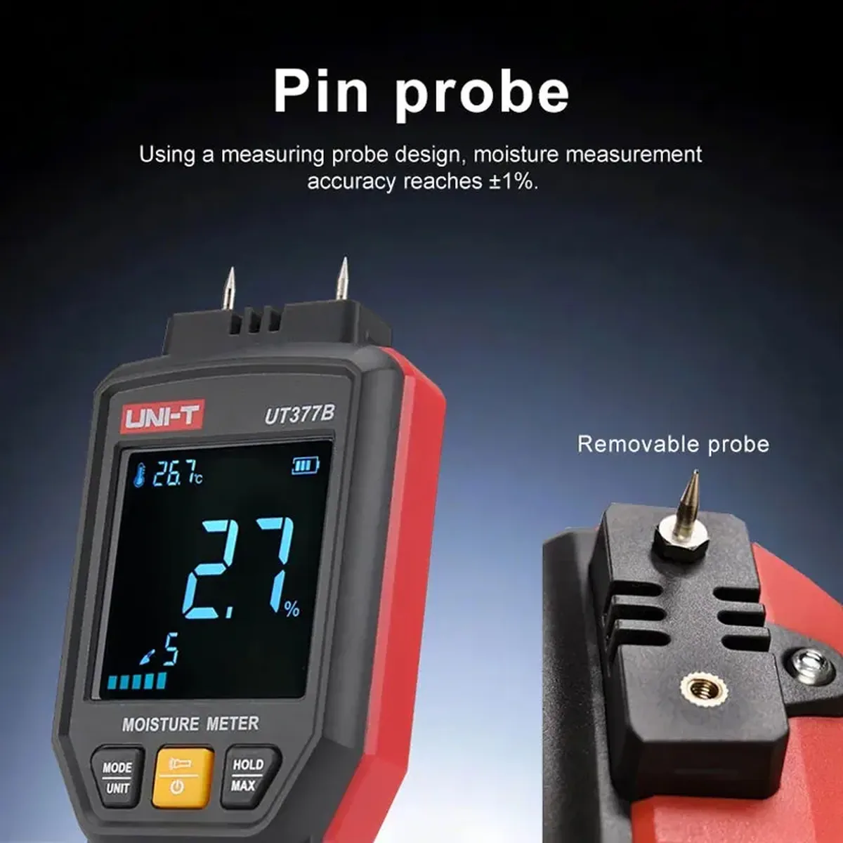 UNI-T UT377B Moisture Meter for wood and building materials, featuring a backlit LCD screen, LED flashlight, and protective cap.