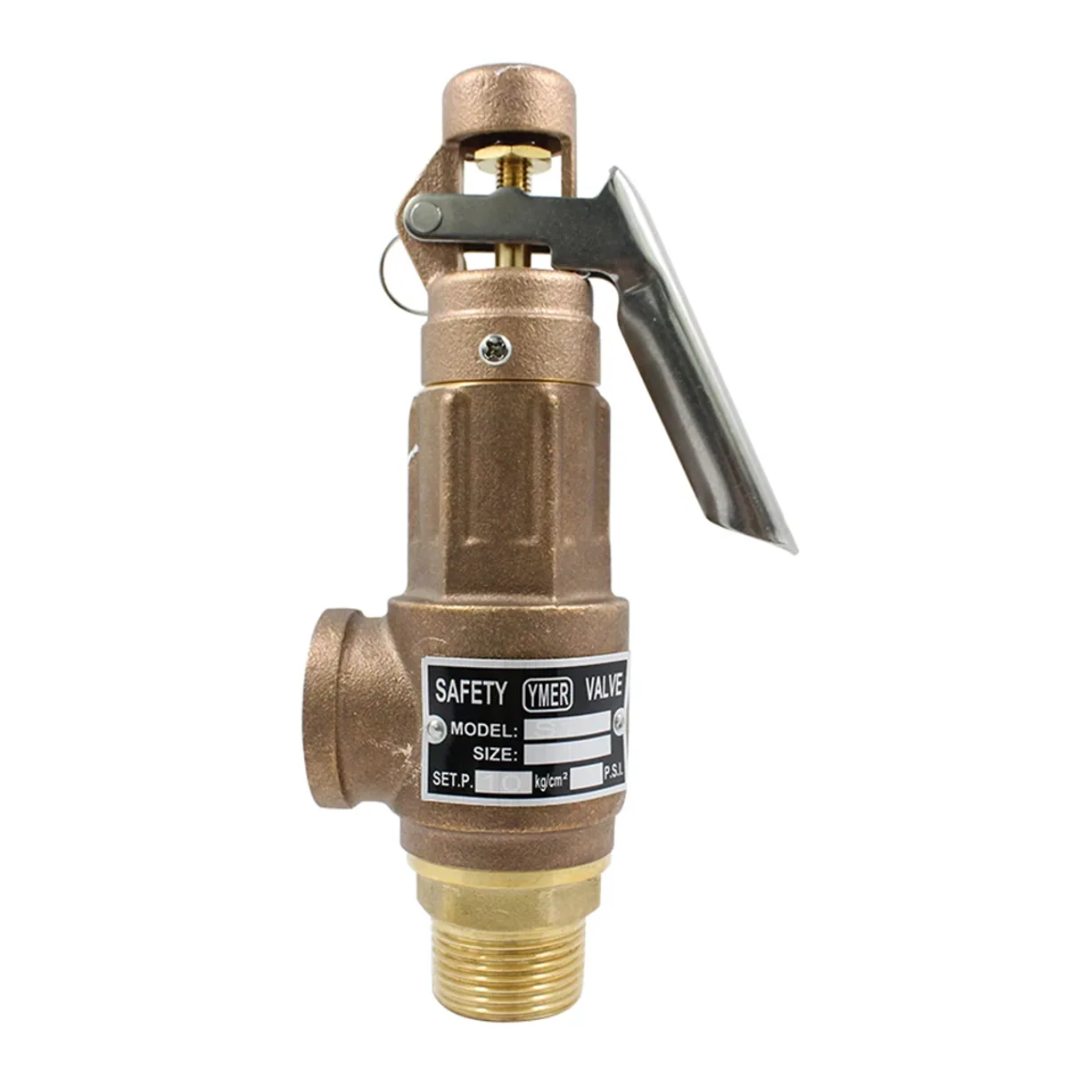 Brass safety valve with a lever handle and threaded inlet shown from the side