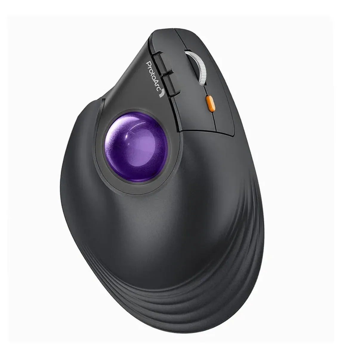 ProtoArc EM05 NL vertical ergonomic wireless trackball mouse with Bluetooth connectivity and rechargeable battery for comfortable computer use.