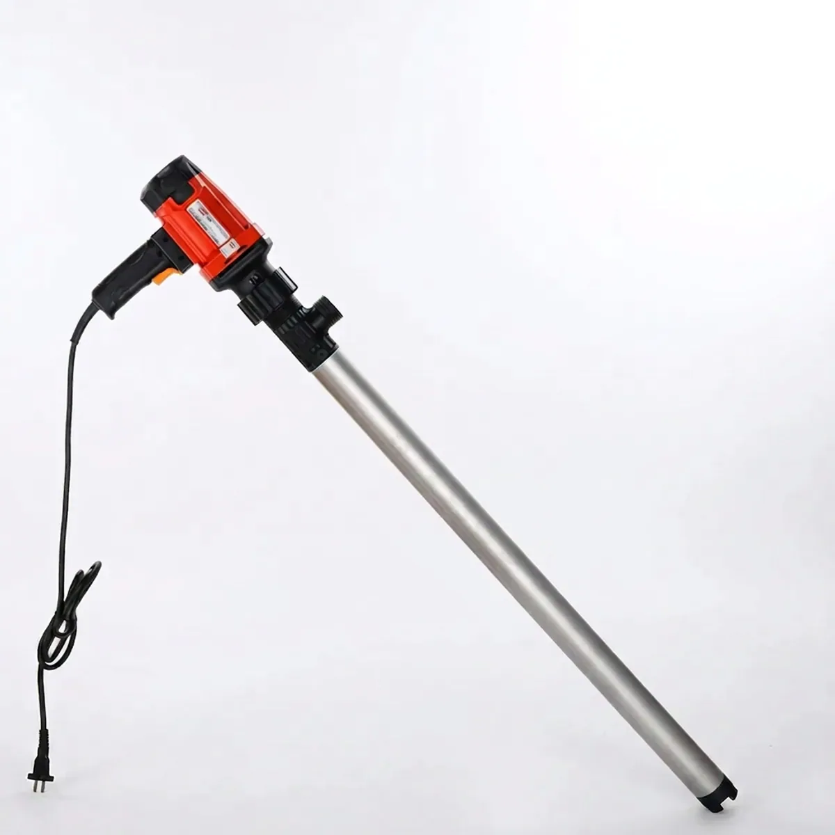 Electric drum pump with a red motor head, long aluminium suction tube, and attached power cable.
