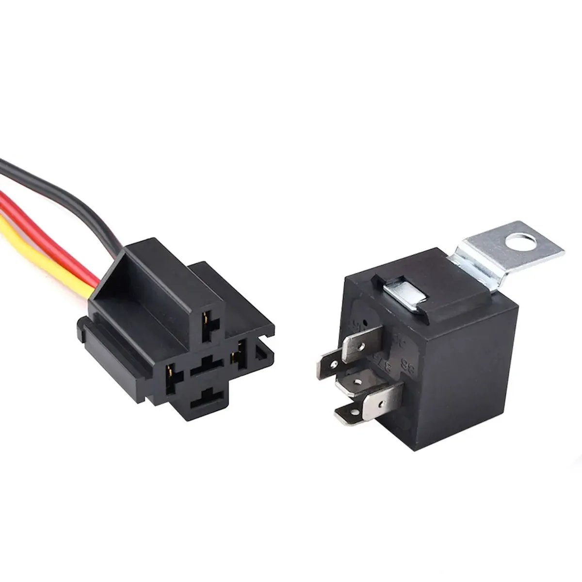 Waterproof Automotive Relay 12V 24V 40A with harness and socket, featuring durable black housing and red copper terminals for reliable electrical switching.