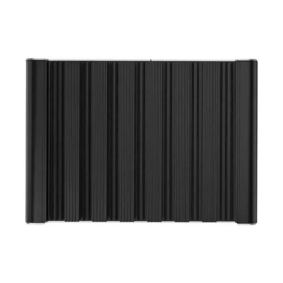 Top-down view of the black ribbed heatsink surface of a Firewall Appliance.