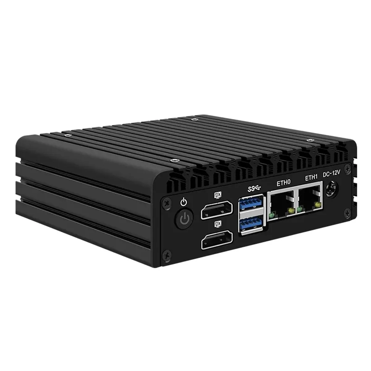 Front view of an Appliance Mini PC with dual HDMI, USB, and Ethernet ports.